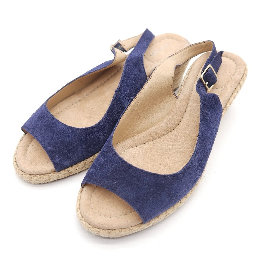 Lands End Women's 6 B Blue Espadrille Wedge Sandal Suede Slingback Summer Casual